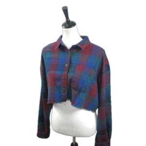 Forever 21 Blue/Maroon Cropped Plaid Fringe Trim Top Size Large
